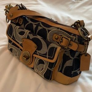 COACH tan leather denim blue patchwork C handbag